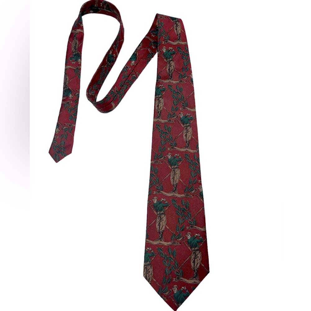 Vintage Style Italian Silk Golf Tie Dark Red with Golfer Design Hand Sewn
